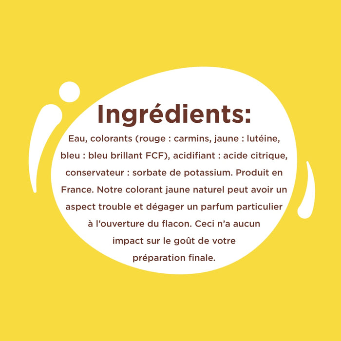 L'image affiche une liste d'ingrédients pour un produit alimentaire, incluant eau, colorants et conservateurs.