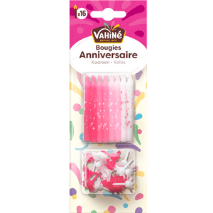 Un paquet de bougies d'anniversaire de la marque Vikki en rose et blanc.