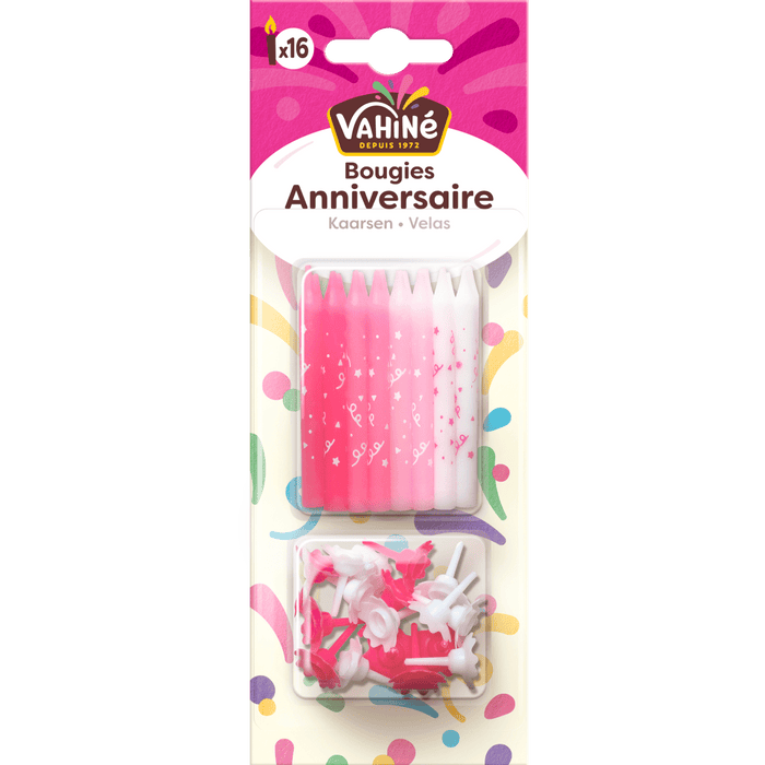 Un paquet de bougies d'anniversaire de la marque Vikki en rose et blanc.