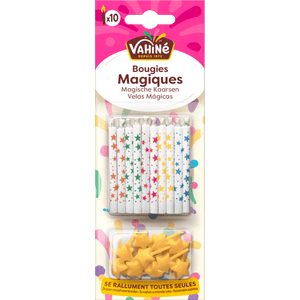 Un paquet de Bougies Magiques Vilaine avec des supports à bougies en forme d'étoile.