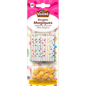 Un paquet de Bougies Magiques Vilaine avec des supports à bougies en forme d'étoile.