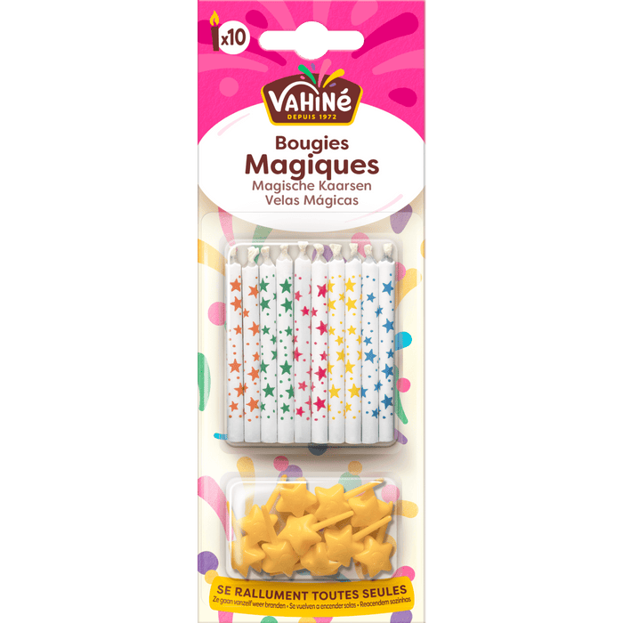 Un paquet de Bougies Magiques Vilaine avec des supports à bougies en forme d'étoile.