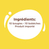 L'image montre la liste des ingrédients d'un produit, qui comprend 10 bougies ou 10 bébés, et indique qu'il s'agit d'un produit importé.