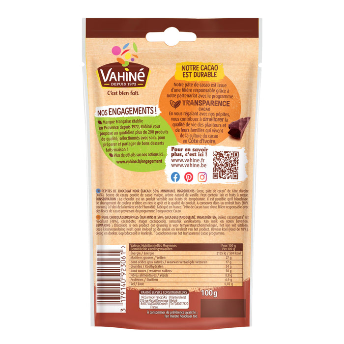 L'image montre l'arrière d'un emballage de barre protéinée Viahub avec des informations nutritionnelles et l'image de marque.