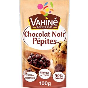 Un paquet de pépites de chocolat noir Vahiné, mettant en évidence son utilisation en pâtisserie.