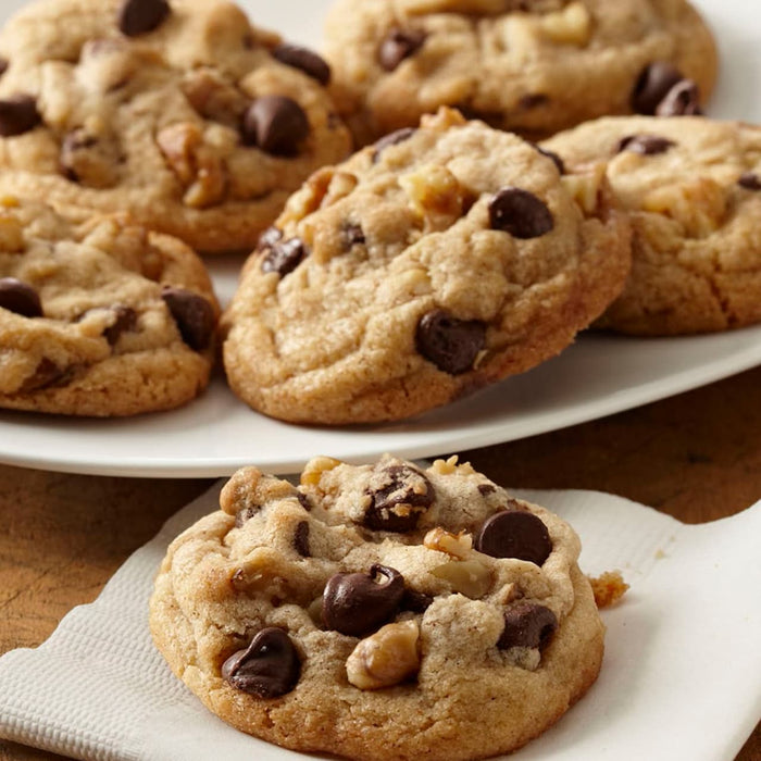 Une assiette de biscuits aux pépites de chocolat et aux noix fraîchement sortis du four, parfaits pour une gâterie sucrée.