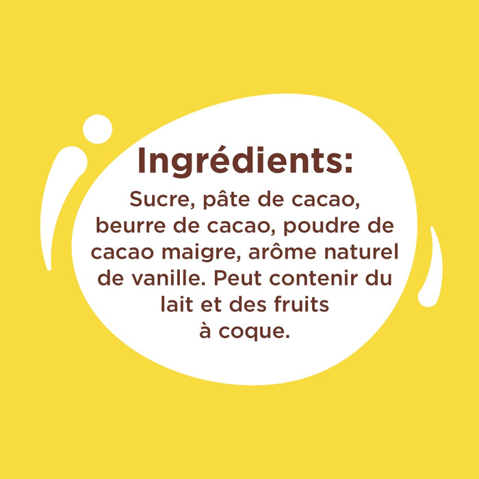 L'image montre la liste des ingrédients d'un produit chocolaté, notamment du sucre, de la pâte de cacao de Côte d'Ivoire, du beurre de cacao, de la poudre de cacao maigre et un arôme naturel de vanille, avec une note indiquant qu'il peut contenir du lait et des fruits à coque.