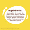 L'image montre la liste des ingrédients d'un produit chocolaté, notamment du sucre, de la pâte de cacao de Côte d'Ivoire, du beurre de cacao, de la poudre de cacao maigre et un arôme naturel de vanille, avec une note indiquant qu'il peut contenir du lait et des fruits à coque.