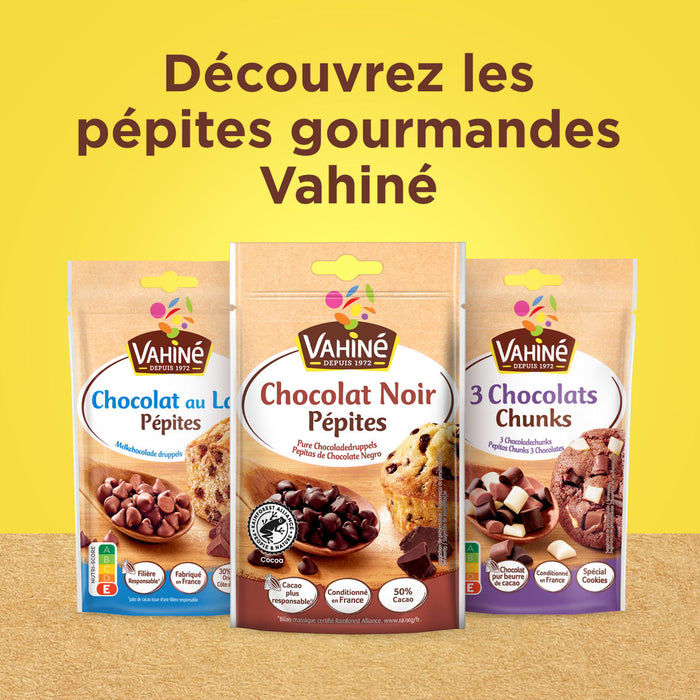 Vahiné présente une sélection de pépites gourmandes, incluant chocolat au lait, chocolat noir et chunks 3 chocolats.