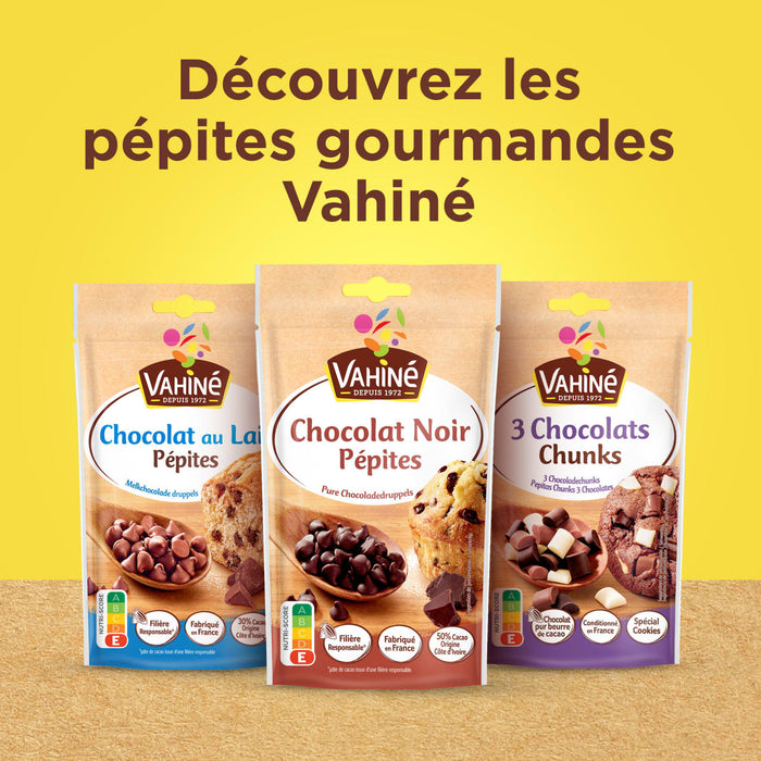 Vahiné présente une sélection de pépites gourmandes, incluant chocolat au lait, chocolat noir et chunks 3 chocolats.