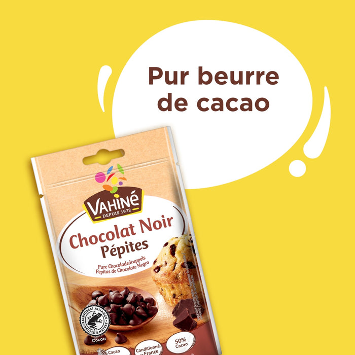 Un paquet de pépites de chocolat noir Vivani, mis en évidence comme étant fait avec du pur beurre de cacao.