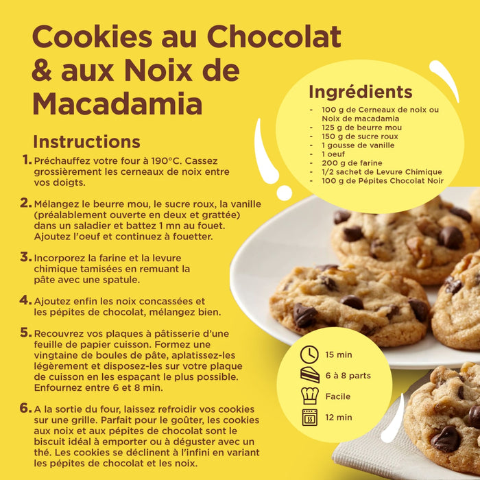 Fiche de recette pour des biscuits aux pépites de chocolat et aux noix de macadamia avec les ingrédients et les instructions.