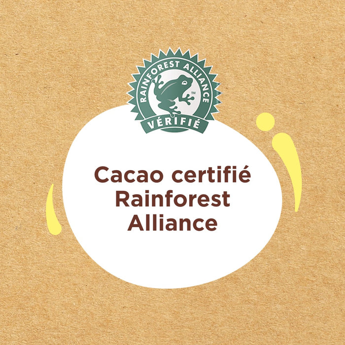 Le logo Cacao certifié Rainforest Alliance indique que le cacao utilisé dans le produit provient de fermes qui respectent les normes de durabilité.
