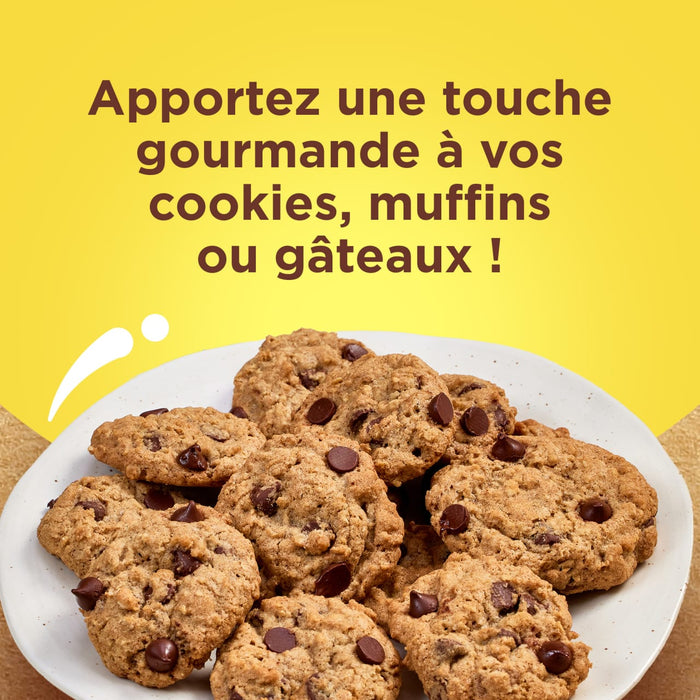 Une assiette de cookies aux pépites de chocolat fraîchement sortis du four, suggérant une délicieuse touche gourmande pour vos cookies, muffins ou gâteaux.