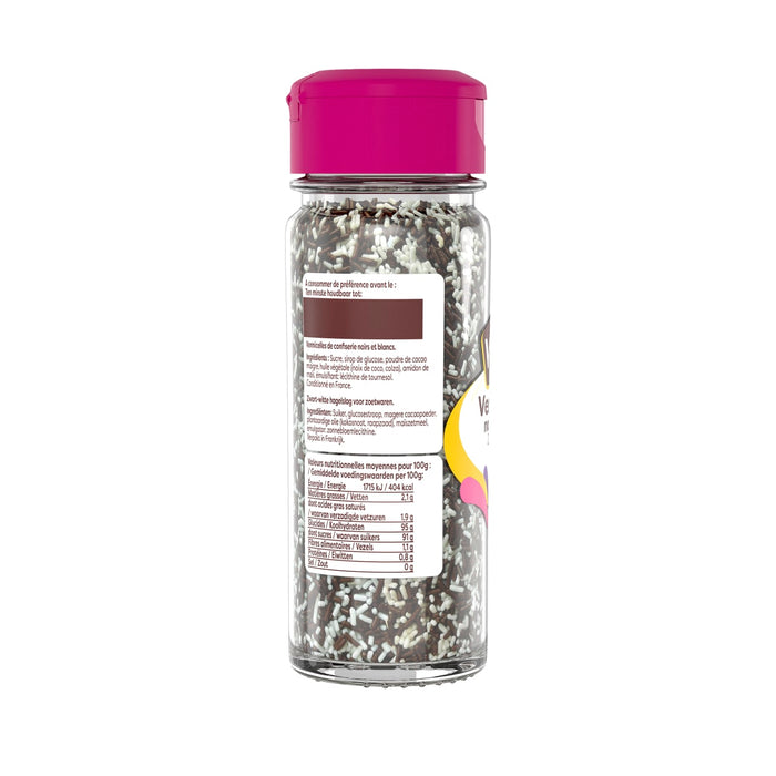 Une bouteille de Cake Mate Confetti Sprinkles avec un couvercle rose montre l'ACtiquette du produit.
