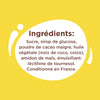 L'image montre une liste d'ingrédients comprenant du sucre, du sirop de glucose, de la poudre de cacao maigre, de l'huile végétale, de l'amidon de maïs et de la lécithine de tournesol.