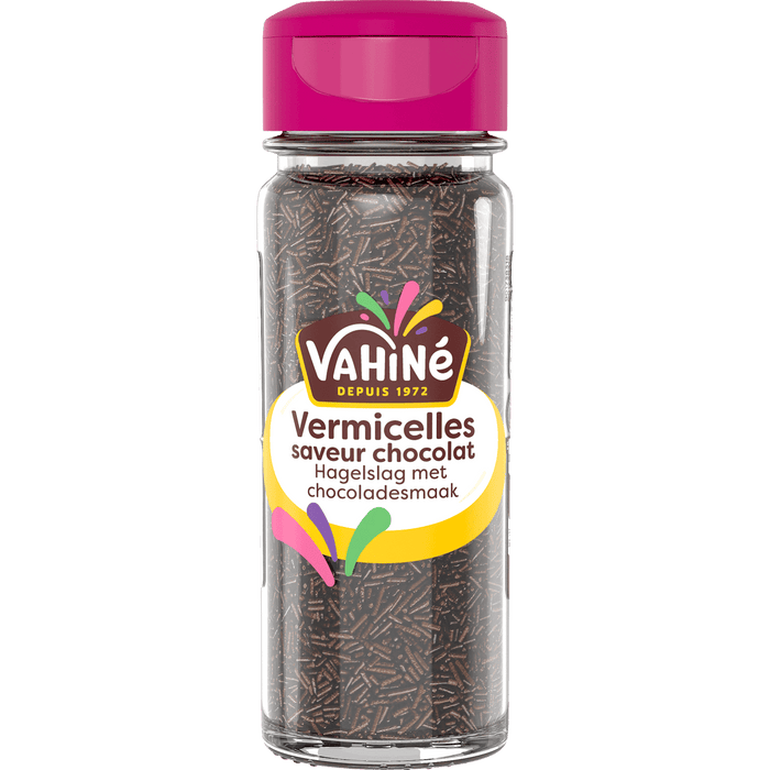 Un récipient de vermicelles au chocolat de la marque Vahiné.