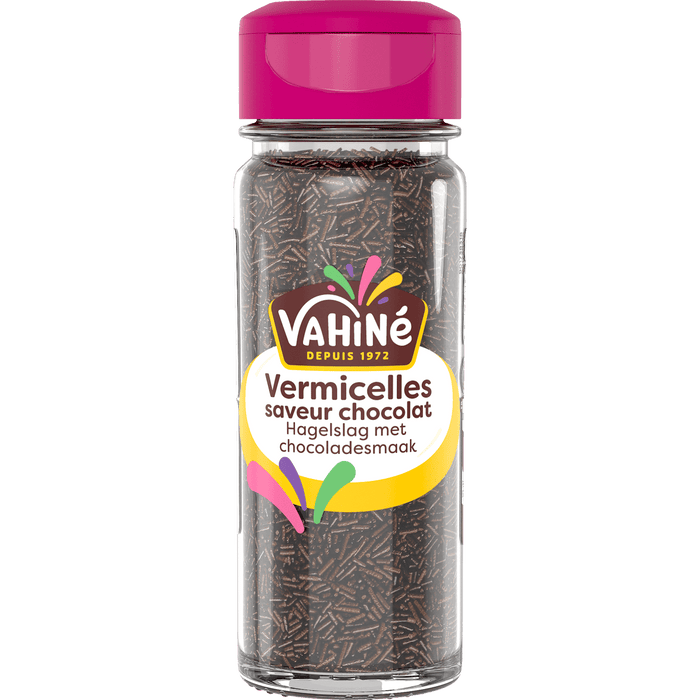 Un récipient de vermicelles au chocolat de la marque Vahiné.