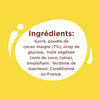 L'image montre une liste d'ingrédients comprenant du sucre, de la poudre de cacao maigre, du sirop de glucose, de l'huile végétale et de la lécithine de tournesol.