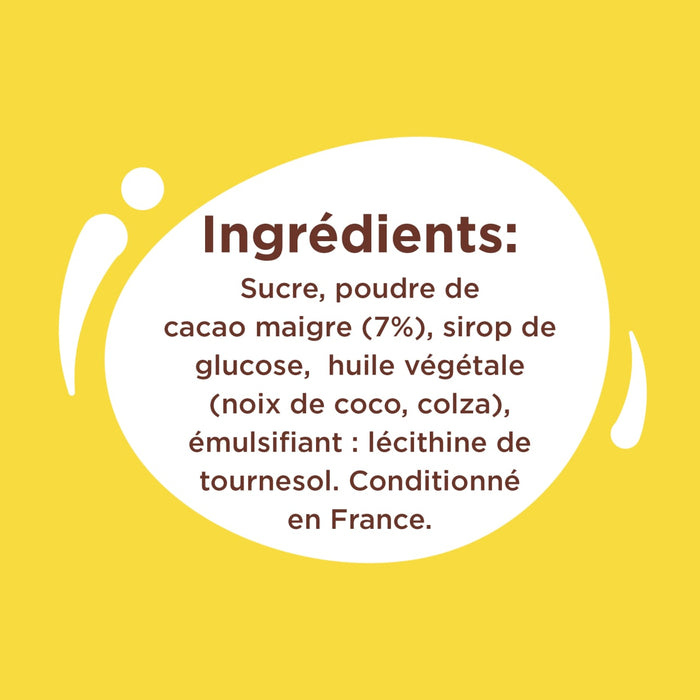 L'image montre une liste d'ingrédients comprenant du sucre, de la poudre de cacao maigre, du sirop de glucose, de l'huile végétale et de la lécithine de tournesol.