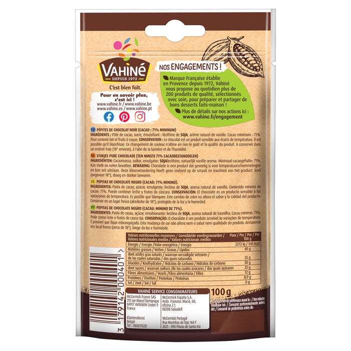 Le dos du sachet de 100g de pépites de chocolat noir Vahiné affichant les ingrédients, les valeurs nutritionnelles et les informations du service consommateur McCormick.