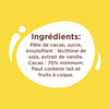L'image montre la liste des ingrédients d'un produit chocolaté, notamment de la pâte de cacao, du sucre, de la lécithine de soja et de l'extrait de vanille, avec un minimum de 70 % de cacao et un avertissement concernant la présence possible de lait et de fruits à coque.