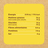 L'image montre un tableau des valeurs nutritionnelles indiquant l'énergie, les matières grasses, les glucides, les fibres, les protéines et le sel.