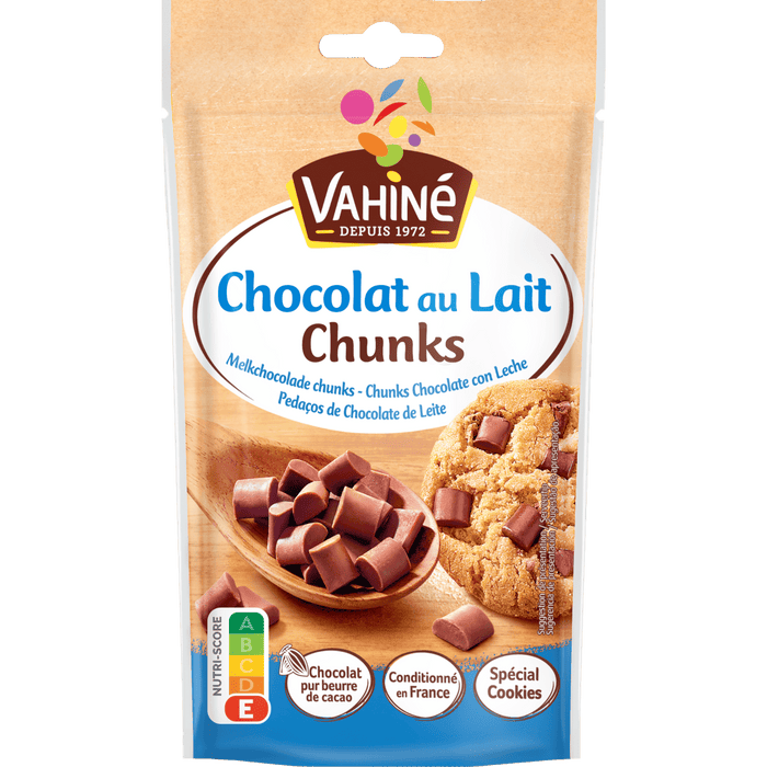 Un paquet de Vahiné Chocolat au Lait Chunks, un produit de la marque McCormick, utilisé pour la pâtisserie et les desserts.