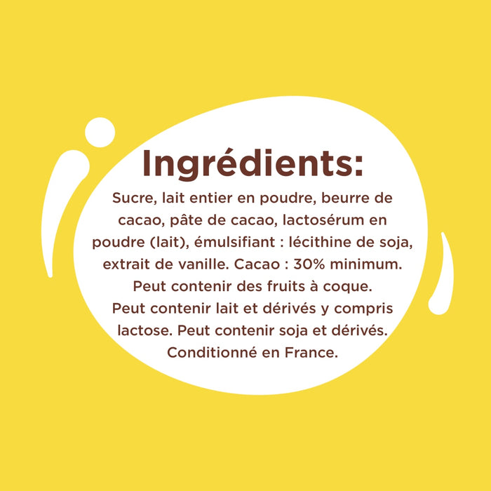 L'image affiche la liste des ingrédients d'un produit alimentaire, notamment du sucre, du lait entier en poudre, du beurre de cacao, de la pâte de cacao, de la lécithine de soja, de l'extrait de vanille et un minimum de 30% de cacao.
