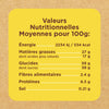 Une étiquette de valeurs nutritionnelles indique les valeurs nutritionnelles moyennes pour 100g, incluant l'énergie, les matières grasses, les glucides, les fibres, les protéines et le sel.