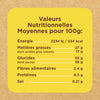 Une étiquette de valeurs nutritionnelles indique les valeurs nutritionnelles moyennes pour 100g, incluant l'énergie, les matières grasses, les glucides, les fibres, les protéines et le sel.