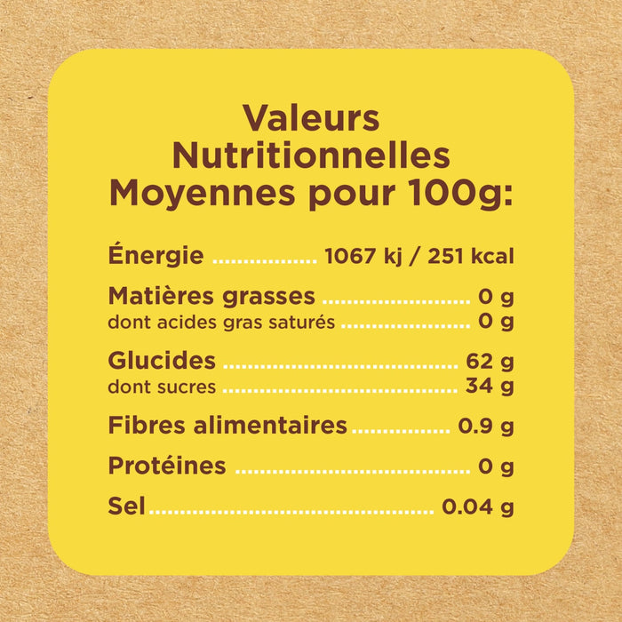 L'image montre un tableau des valeurs nutritionnelles moyennes pour 100g, incluant l'énergie, les matières grasses, les glucides, les fibres, les protéines et le sel.