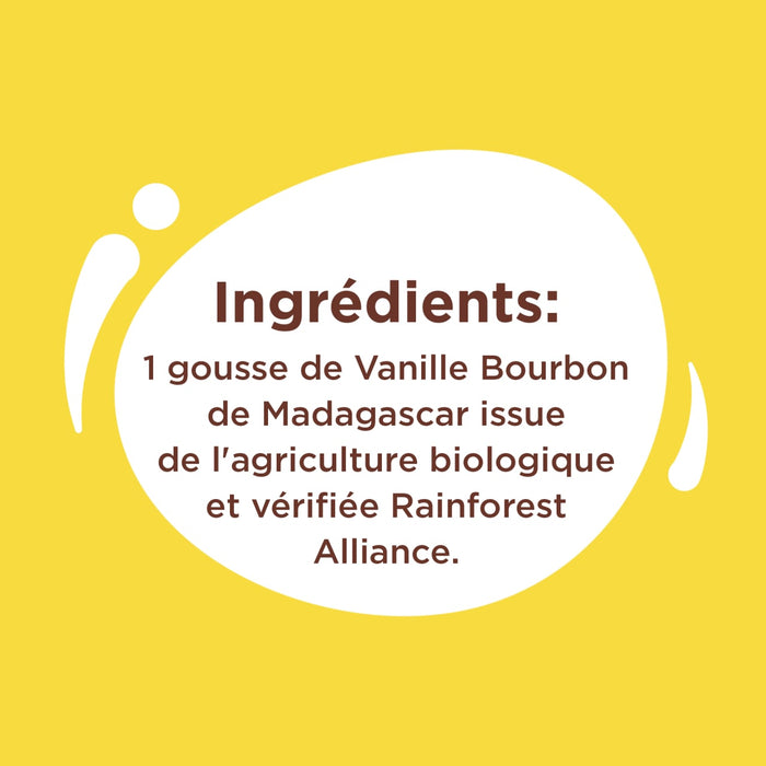 L'image montre les ingrédients d'un produit, dont 1 gousse de vanille Bourbon de Madagascar issue de l'agriculture biologique et vérifiée Rainforest Alliance.