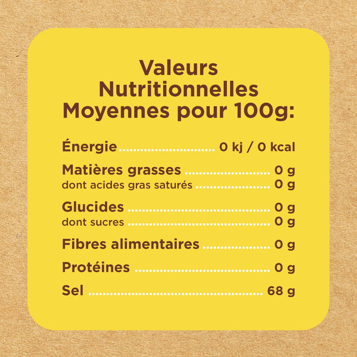 Une étiquette de valeurs nutritionnelles indique les valeurs nutritionnelles moyennes pour 100g, notamment l'énergie, les matières grasses, les glucides, les fibres, les protéines et le sel.