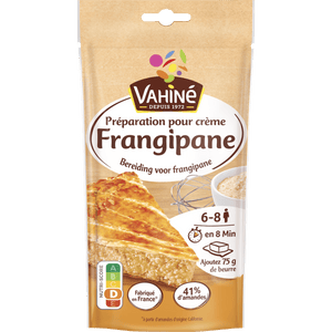 Paquet de préparation pour Frangipane Vahiné, avec une photo d'une tarte frangipane cuite.