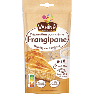 Paquet de préparation pour Frangipane Vahiné, avec une photo d'une tarte frangipane cuite.