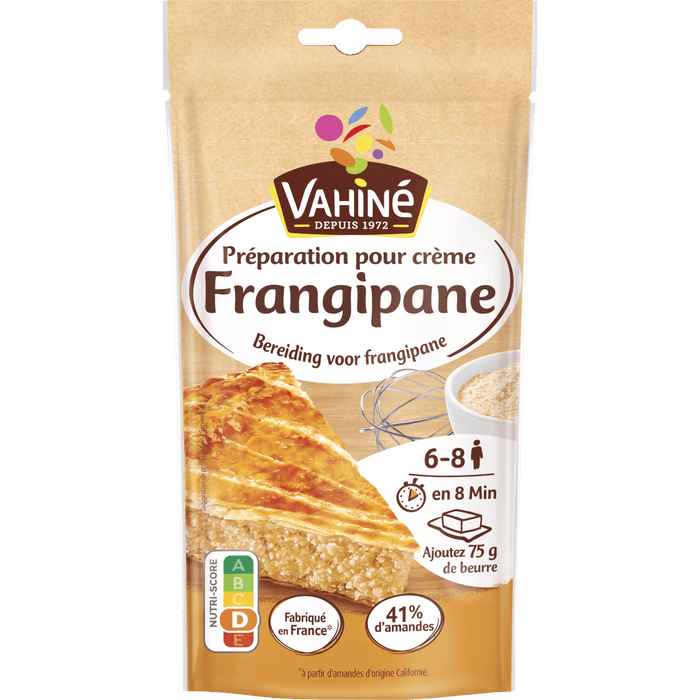 Paquet de préparation pour Frangipane Vahiné, avec une photo d'une tarte frangipane cuite.