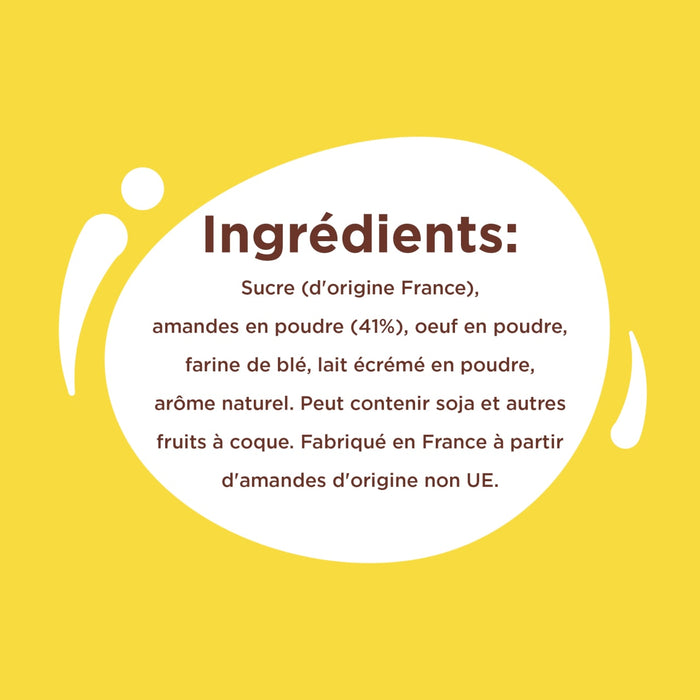 L'image montre une liste d'ingrédients pour un produit alimentaire, comprenant du sucre, des amandes, des œufs et de la farine, et indique qu'il peut contenir du soja et d'autres fruits à coque, et est fabriqué en France à partir d'amandes d'origine non UE.