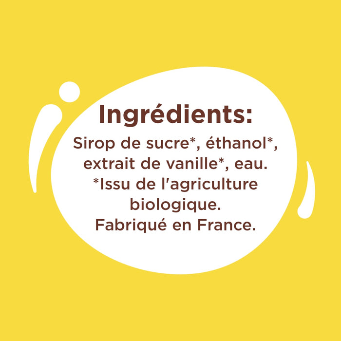 L'image montre la liste des ingrédients d'un produit, incluant sirop de sucre, éthanol, extrait de vanille et eau, et indique qu'il est fabriqué en France et issu de l'agriculture biologique.