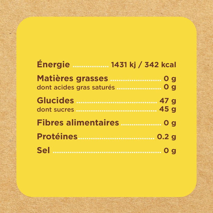 L'image montre un tableau des valeurs nutritionnelles moyennes pour 100g, incluant l'énergie, les matières grasses, les glucides, les fibres, les protéines et le sel.