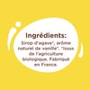 L'image montre la liste des ingrédients d'un produit, qui comprend du sirop d'agave, un arôme naturel de vanille, et indique qu'il est issu de l'agriculture biologique et fabriqué en France.