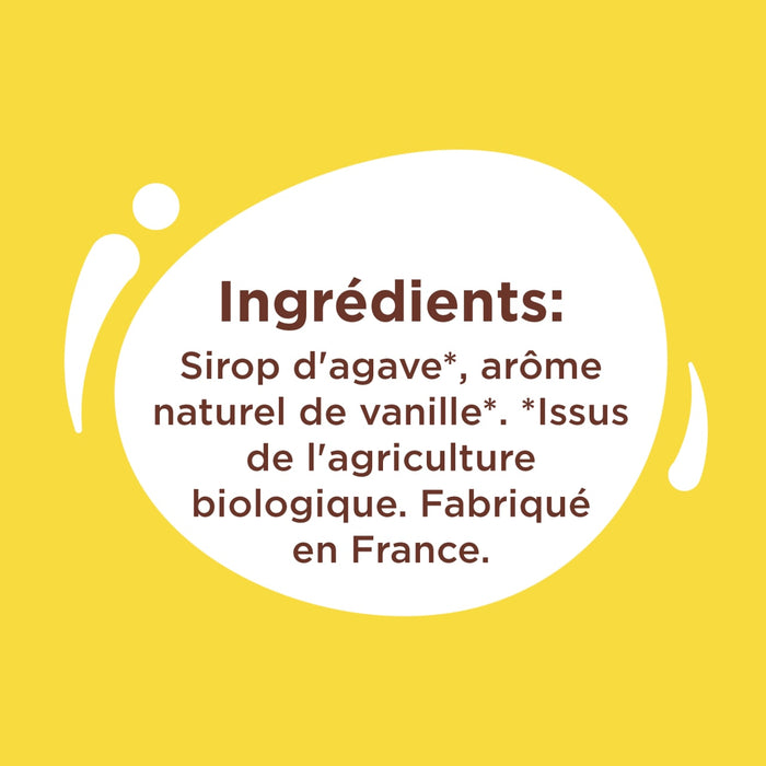 L'image montre la liste des ingrédients d'un produit, qui comprend du sirop d'agave, un arôme naturel de vanille, et indique qu'il est issu de l'agriculture biologique et fabriqué en France.