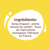 L'image montre la liste des ingrédients d'un produit, qui comprend du sirop d'agave, un arôme naturel de vanille, et indique qu'il est issu de l'agriculture biologique et fabriqué en France.