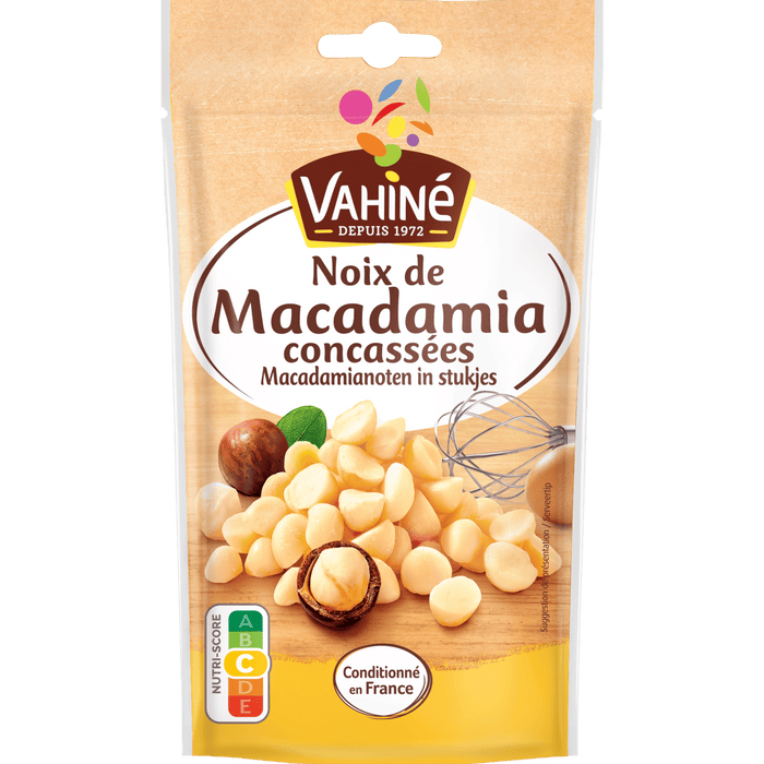 Un paquet de noix de macadamia Vahiné, présentant le produit et la marque.