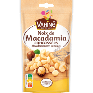 Un paquet de noix de macadamia Vahiné, présentant le produit et la marque.