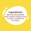 L'image montre la liste des ingrédients d'un produit contenant des noix de macadamia, et indique qu'il peut contenir d'autres fruits à coque et est conditionné en France.