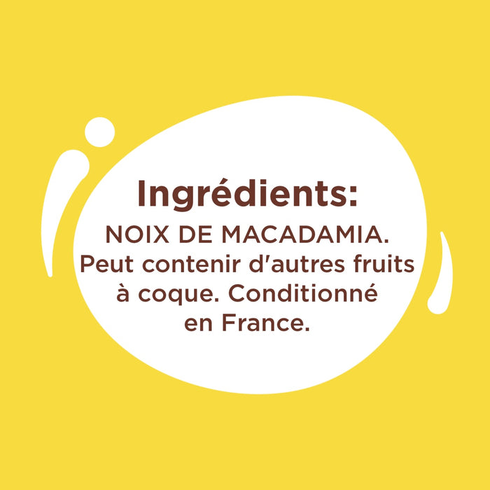 L'image montre la liste des ingrédients d'un produit contenant des noix de macadamia, et indique qu'il peut contenir d'autres fruits à coque et est conditionné en France.