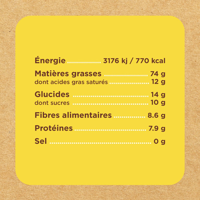 L'image montre un tableau des valeurs nutritionnelles moyennes pour 100g, incluant l'énergie, les matières grasses, les glucides, les fibres, les protéines et le sel.