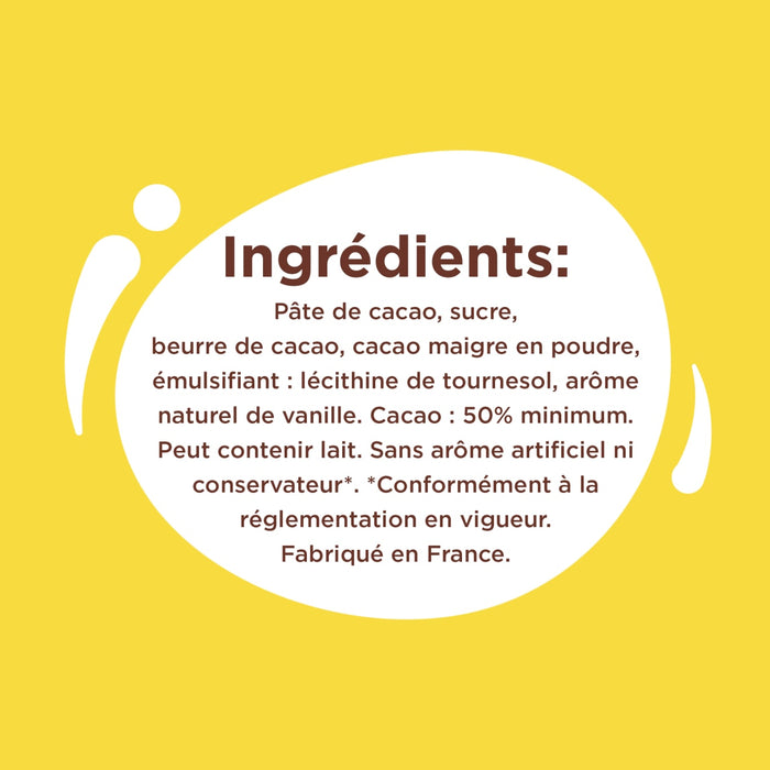 L'image montre la liste des ingrédients d'un produit alimentaire, notamment la pâte de cacao, le sucre, le beurre de cacao et la vanille.