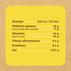 L'image montre un tableau des valeurs nutritionnelles avec des informations sur l'énergie, les matières grasses, les glucides, les fibres, les protéines et le sel.